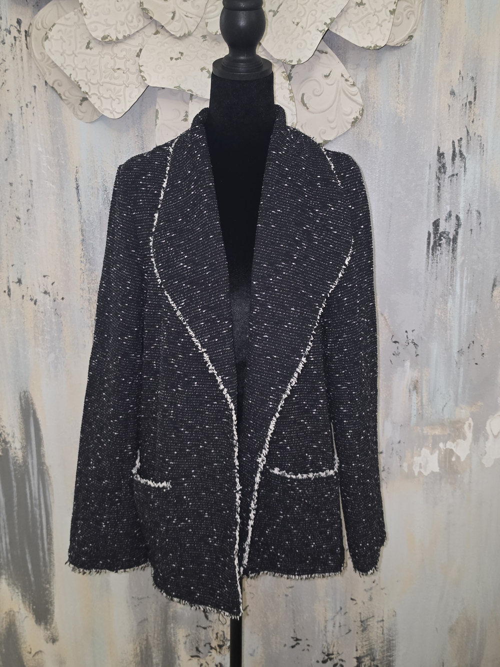 Max Studio Black Bouclé Blazer with White Contrast Trim